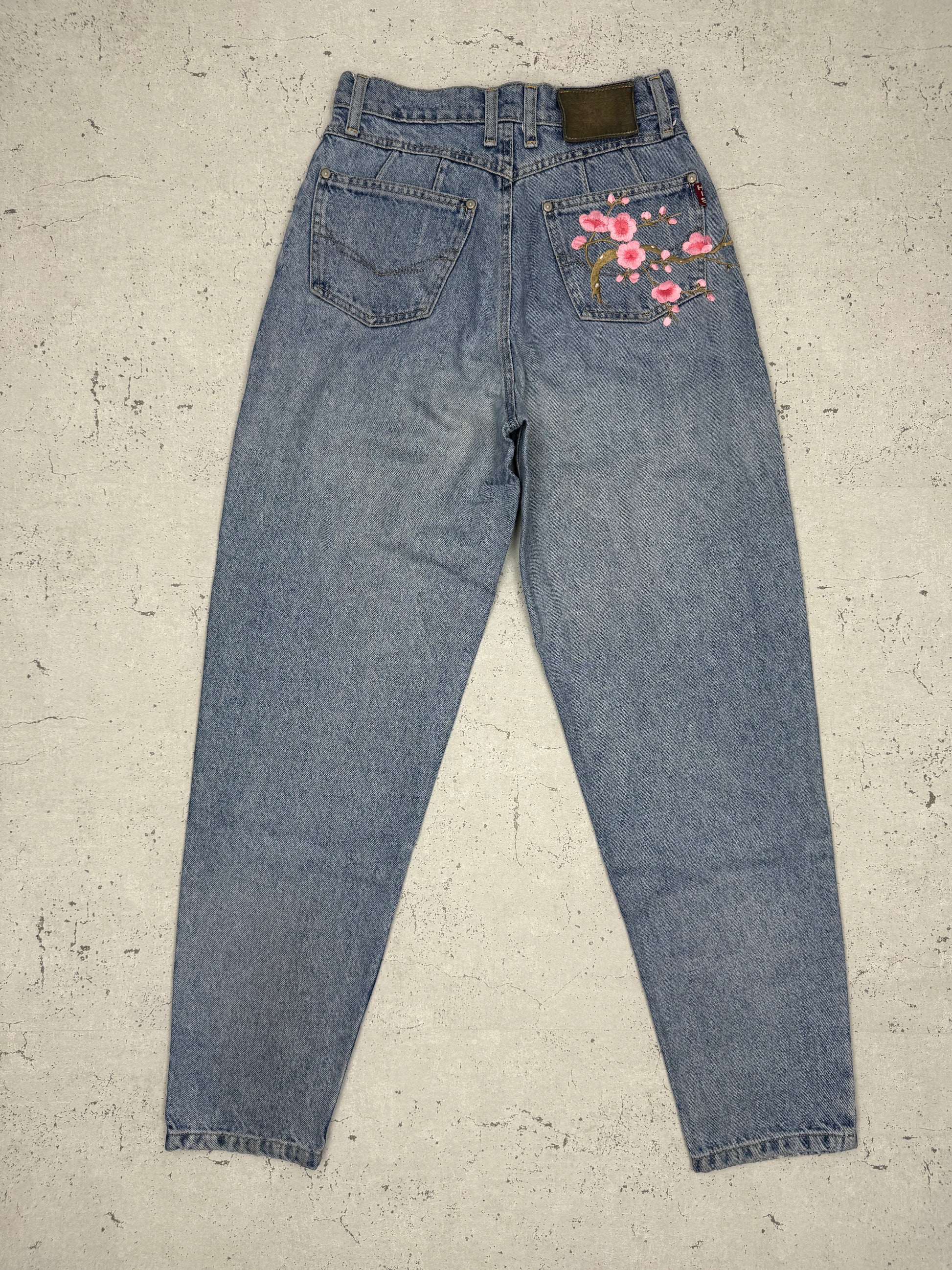 Vintage Y2K Japanese Flower Design Jeans blau W27 - MonkeysVintage