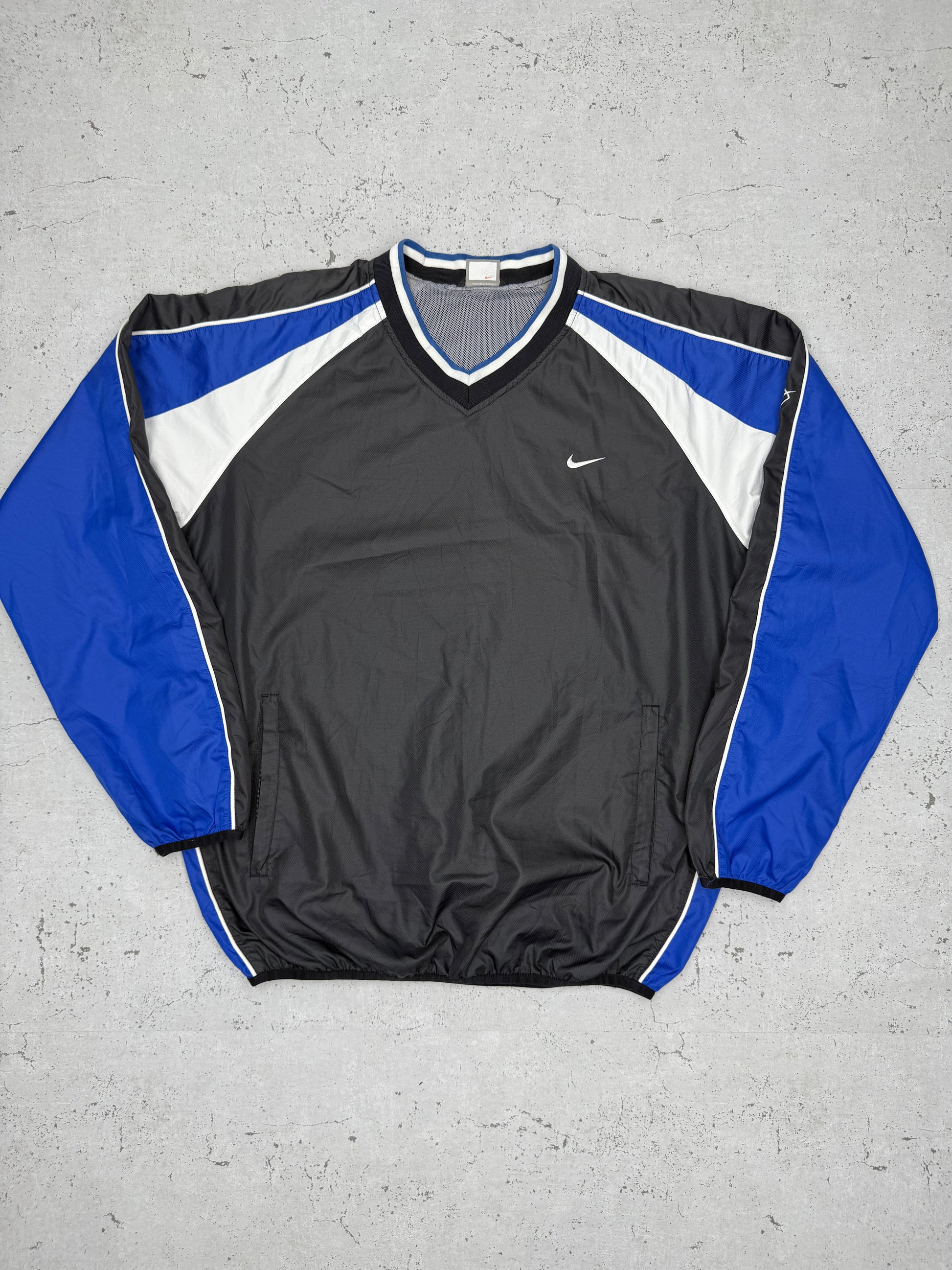Nike Vintage Spellout Big Swoosh Sweater Windbreaker blau schwarz L - MonkeysVintage