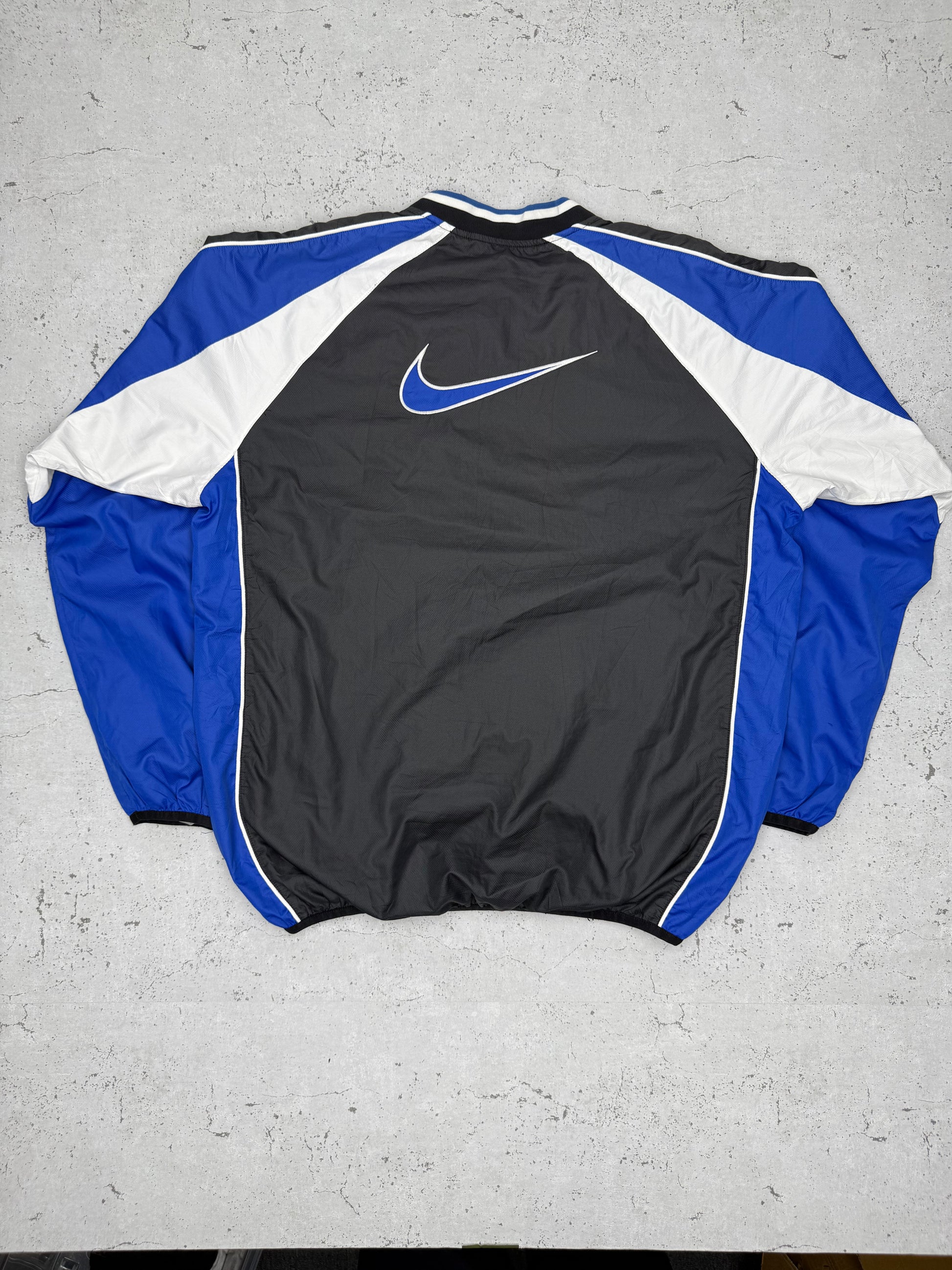 Nike Vintage Spellout Big Swoosh Sweater Windbreaker blau schwarz L - MonkeysVintage