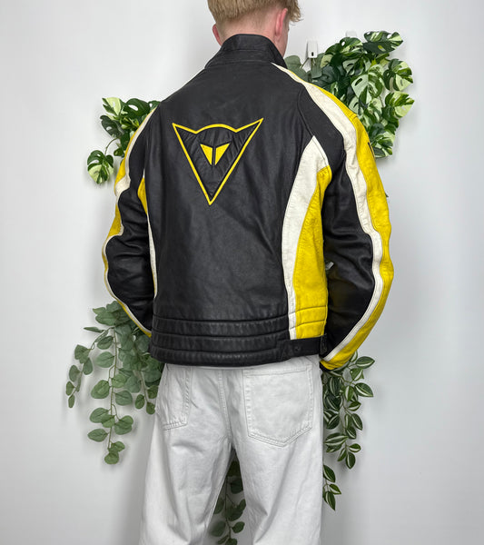 Dainese Vintage Lederjacke Mottoradjacke schwarz gelb M - MonkeysVintage