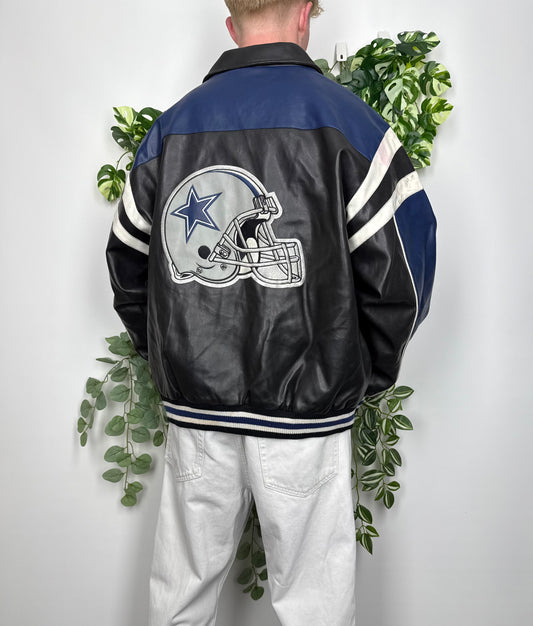 NFL Dallas Cowboys Vintage Lederjacke Collegejacke blau schwarz XL - MonkeysVintage