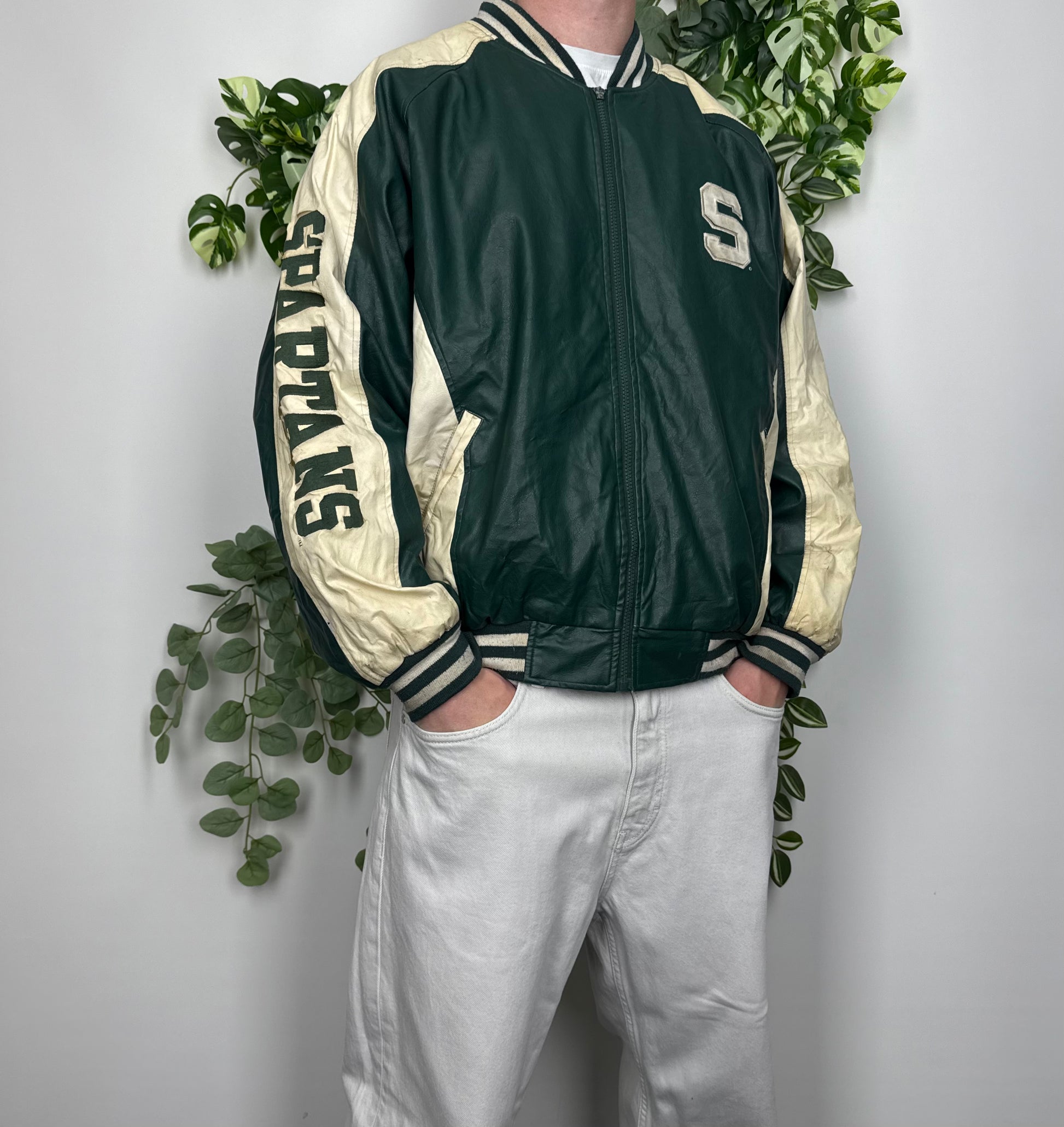 NFL Vintage Michigan State Spartans Collegejacke Leder grün beige L - MonkeysVintage