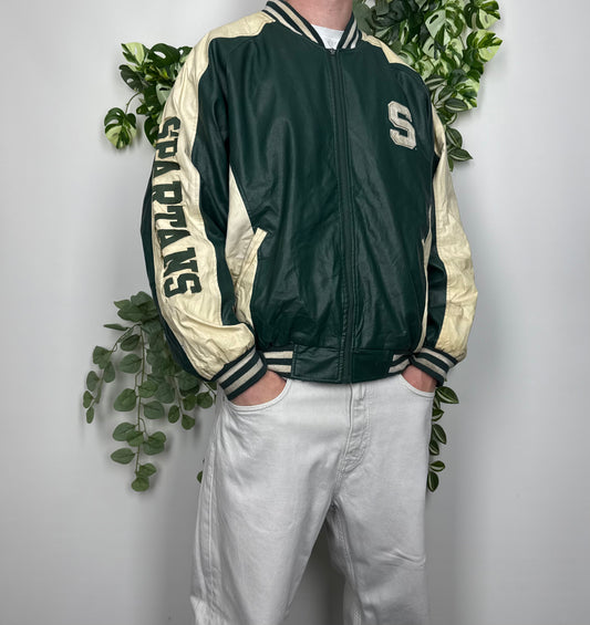 NFL Vintage Michigan State Spartans Collegejacke Leder grün beige L - MonkeysVintage