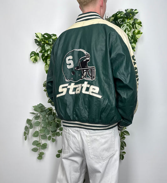 NFL Vintage Michigan State Spartans Collegejacke Leder grün beige L - MonkeysVintage