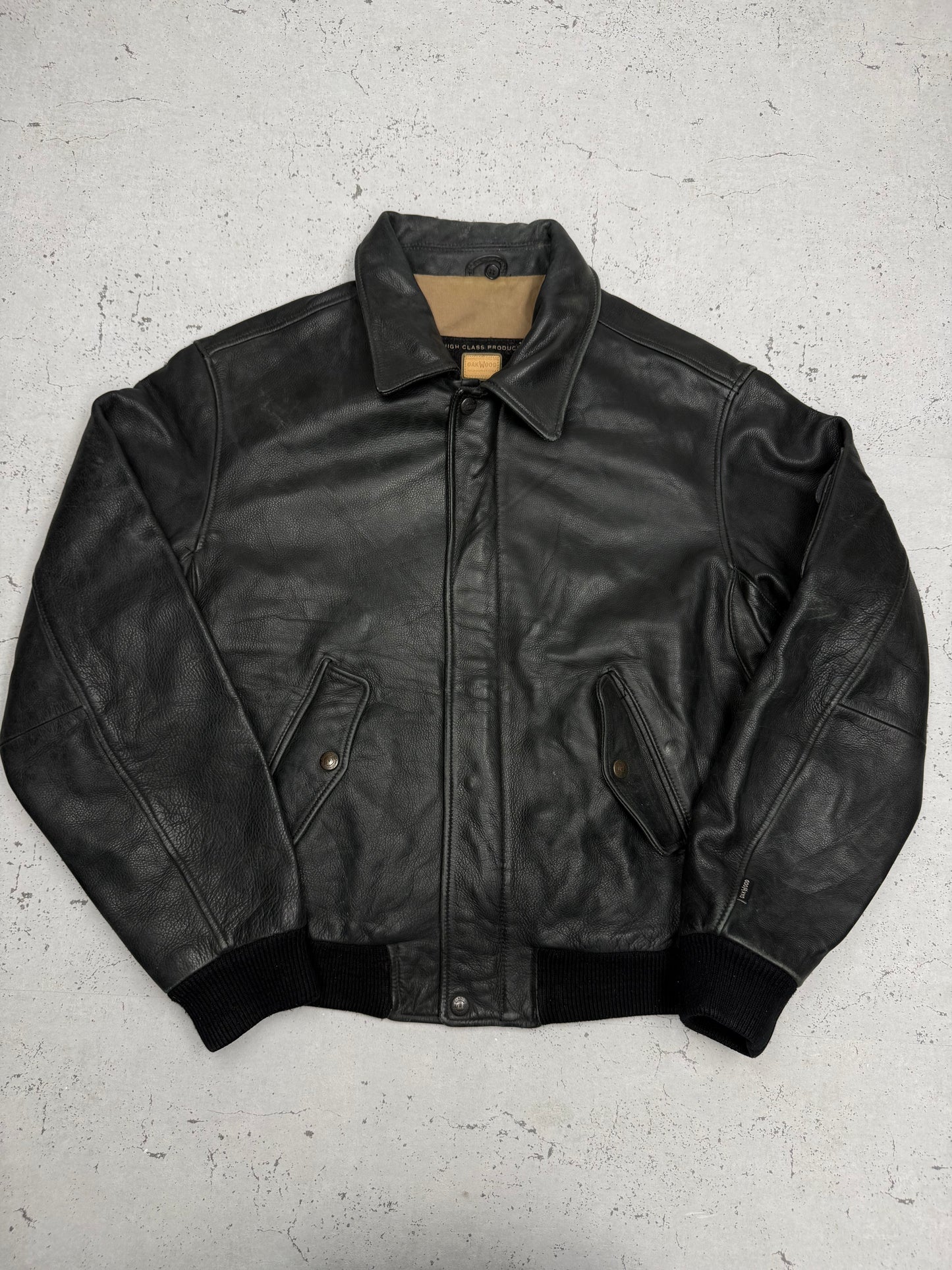 Oakwood Vintage Lederjacke in Schwarz, Größe L, Vorderansicht
