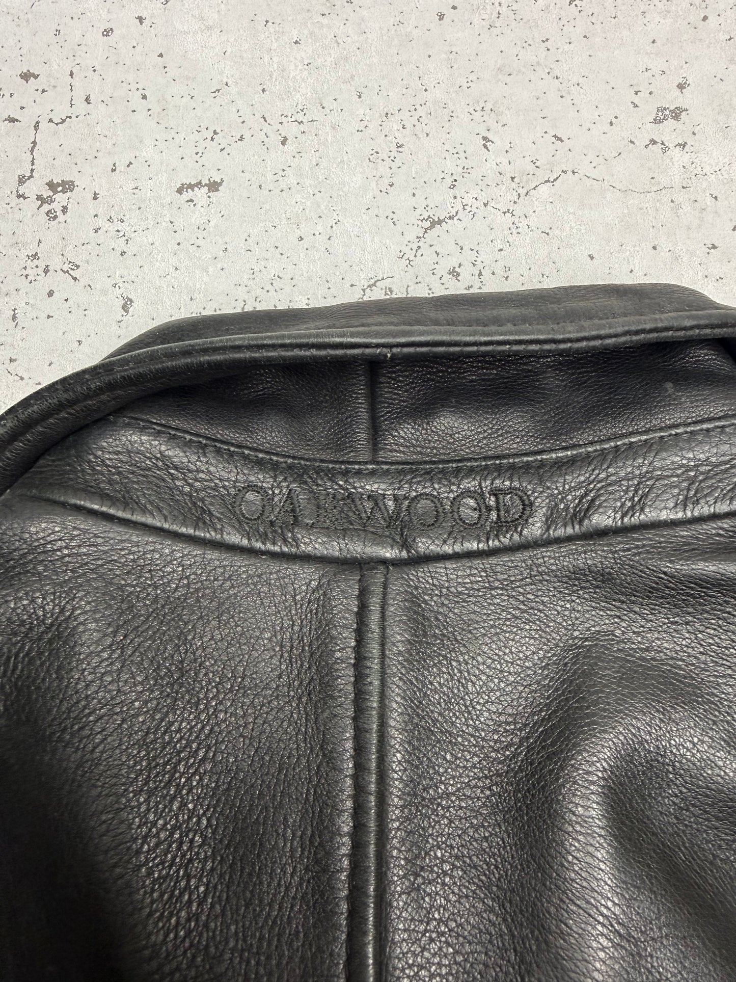 Oakwood Vintage Lederjacke in Schwarz, Größe L, Markenprägung