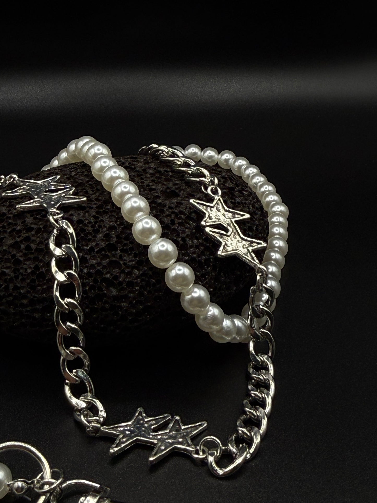 "Starlink Chain" – Y2K Perlen & Silber Sternen Kette Hosenkette mit Sternen Streetear