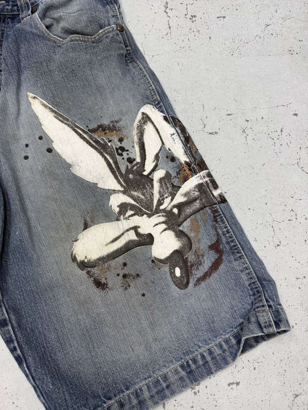 Lot29 Luxe Vintage Baggy Jeans-Shorts, Größe 32, Grafik-Closeup