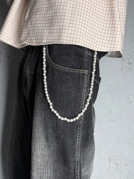 "Lunar Pearl" Chain – Y2K Perlen Hosenkette mit Strass-Details Silber Weiß Streetwear
