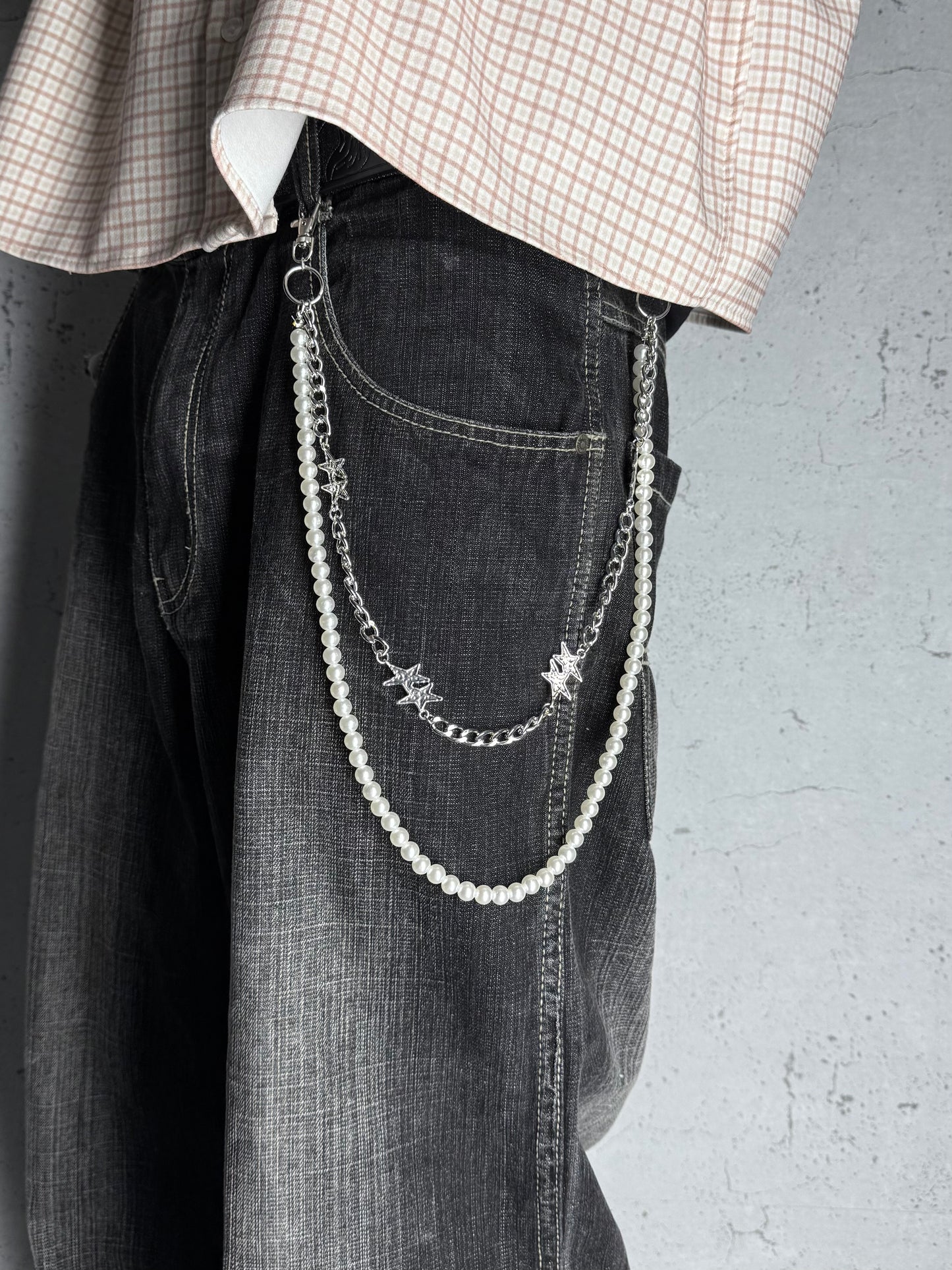 "Starlink Chain" – Y2K Perlen & Silber Sternen Kette Hosenkette mit Sternen Streetear