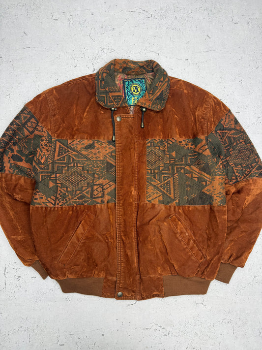 Vintage Suede Lederjacke mit Aztec-Muster in Braun, Vorderansicht