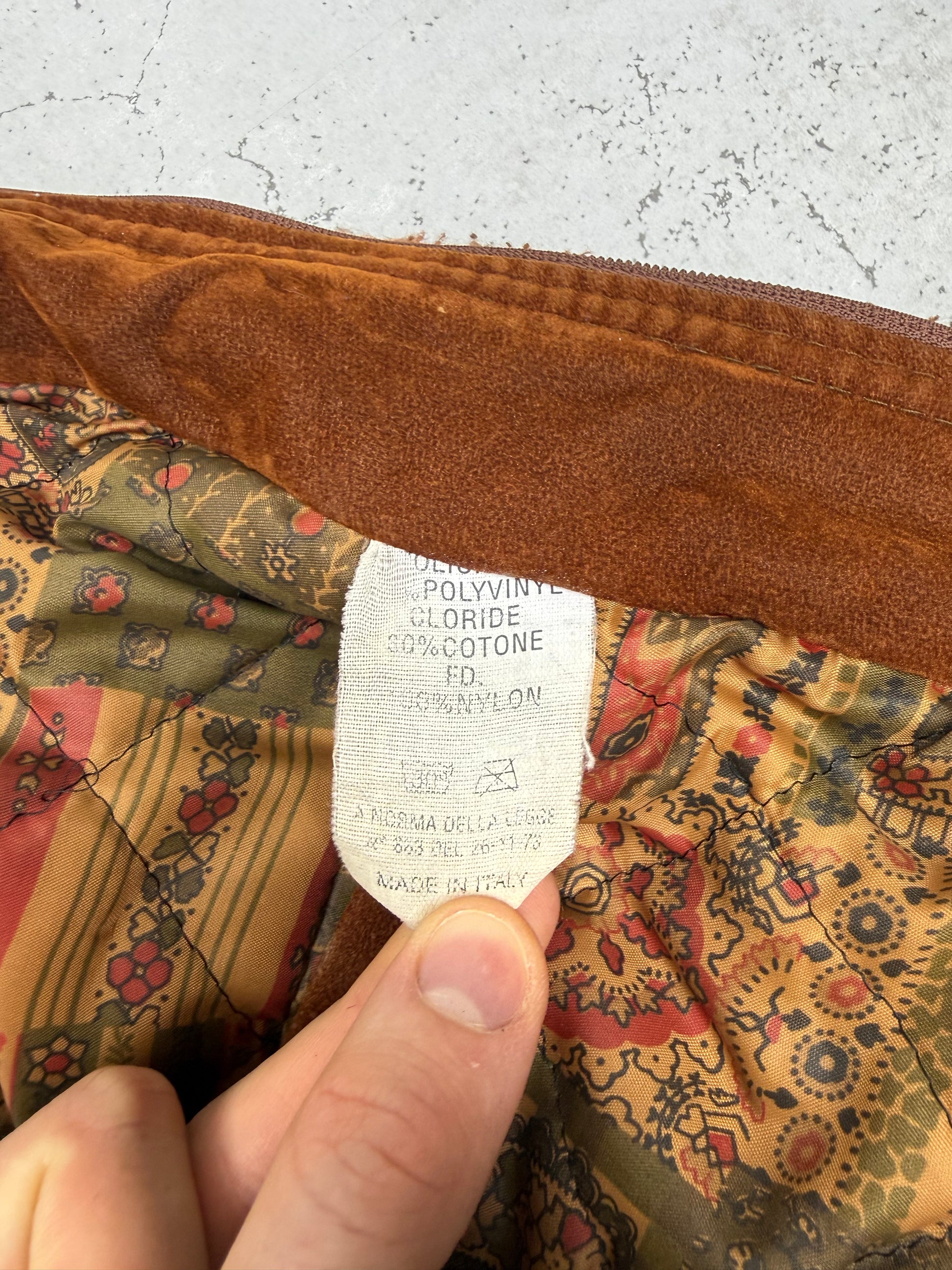 Vintage Suede Lederjacke mit Aztec-Muster in Braun, Material-Etikett
