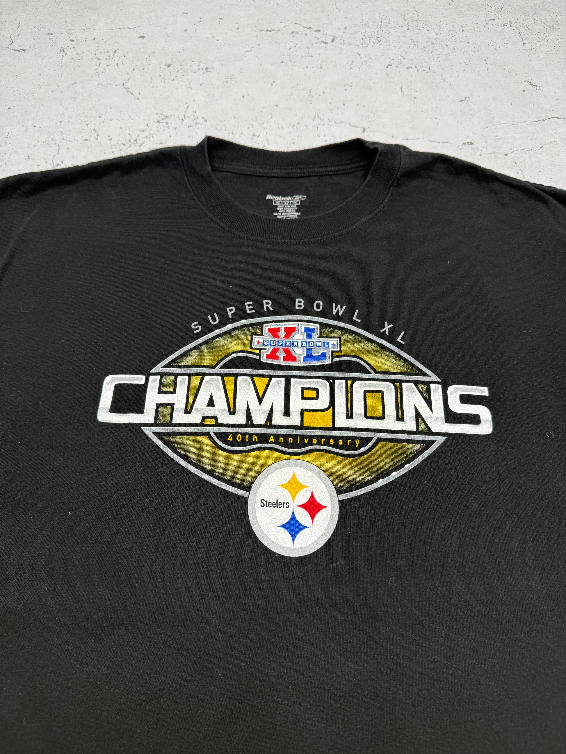 Reebok Steelers Vintage Super Bowl Shirt in Schwarz, Größe XL, Logo-Closeup
