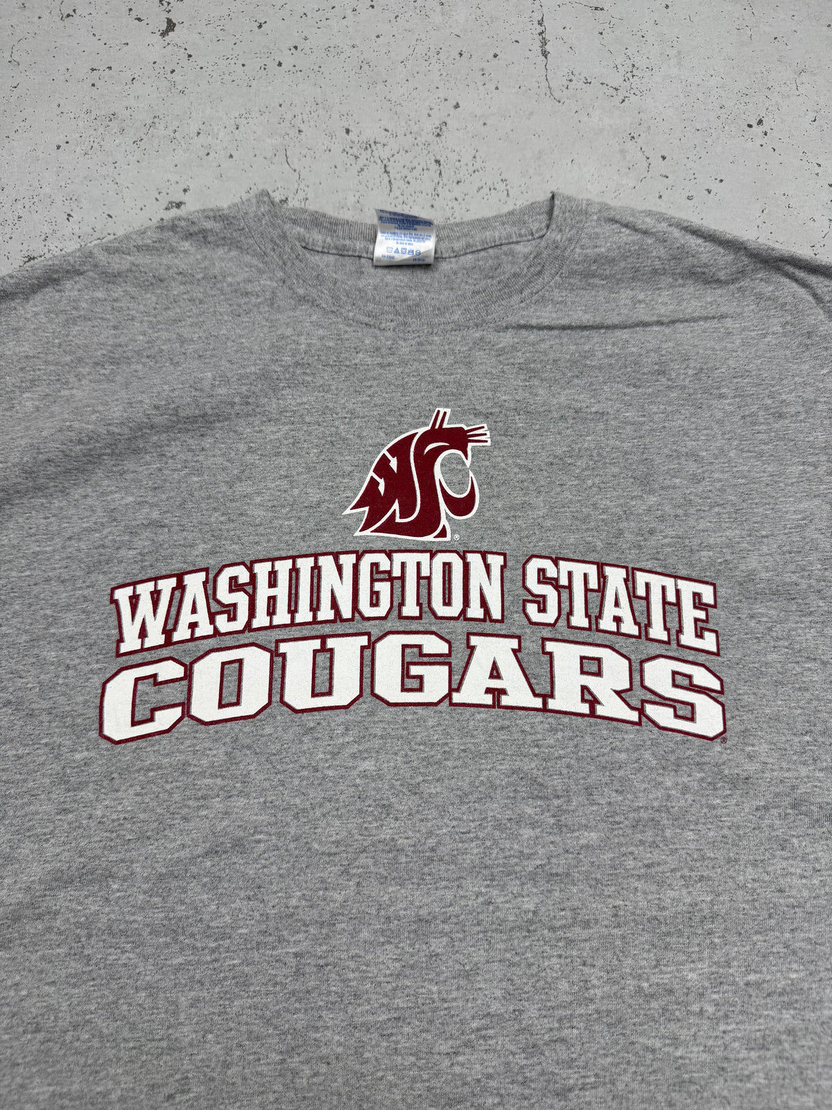 Washington State Cougars Vintage College Shirt in Grau, Größe L, Logo-Closeup