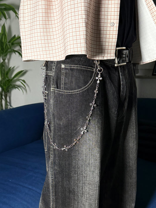 "Holy Drip" - Silberne Hosenkette mit Kreuzanhängern - Cross Chain Y2K Skater Streetwear