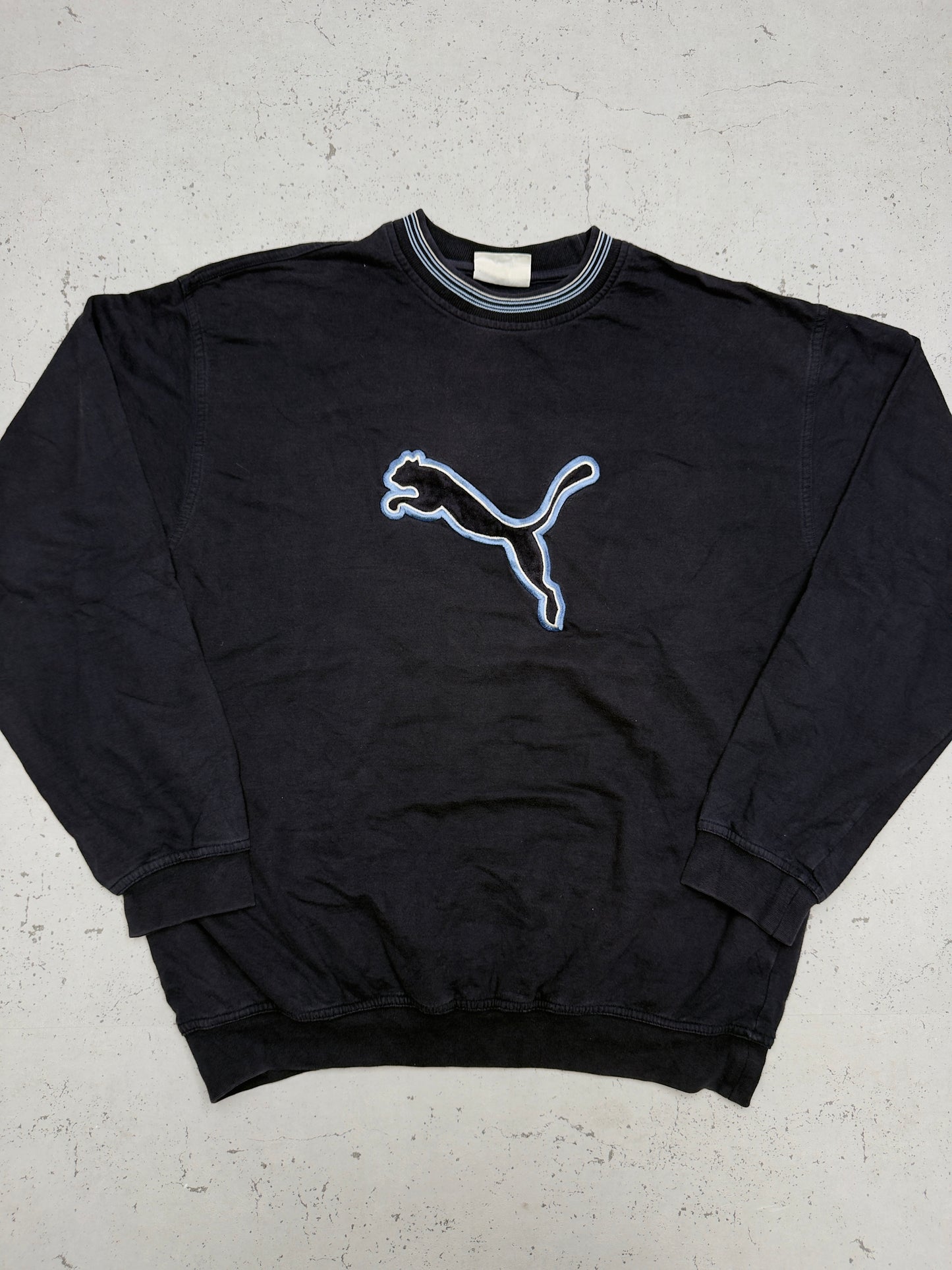 Puma vintage Big Logo 90s Sweatshirt Velour Samt Crewneck blau washed XL