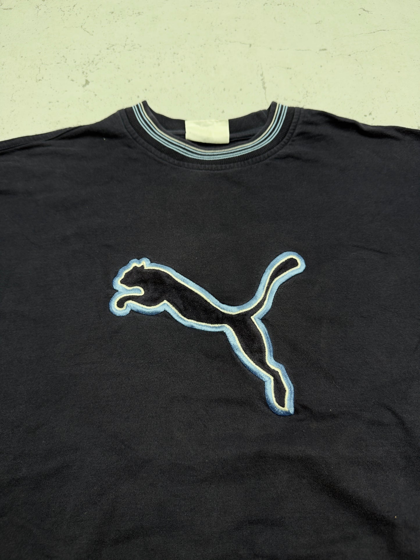 Puma vintage Big Logo 90s Sweatshirt Velour Samt Crewneck blau washed XL