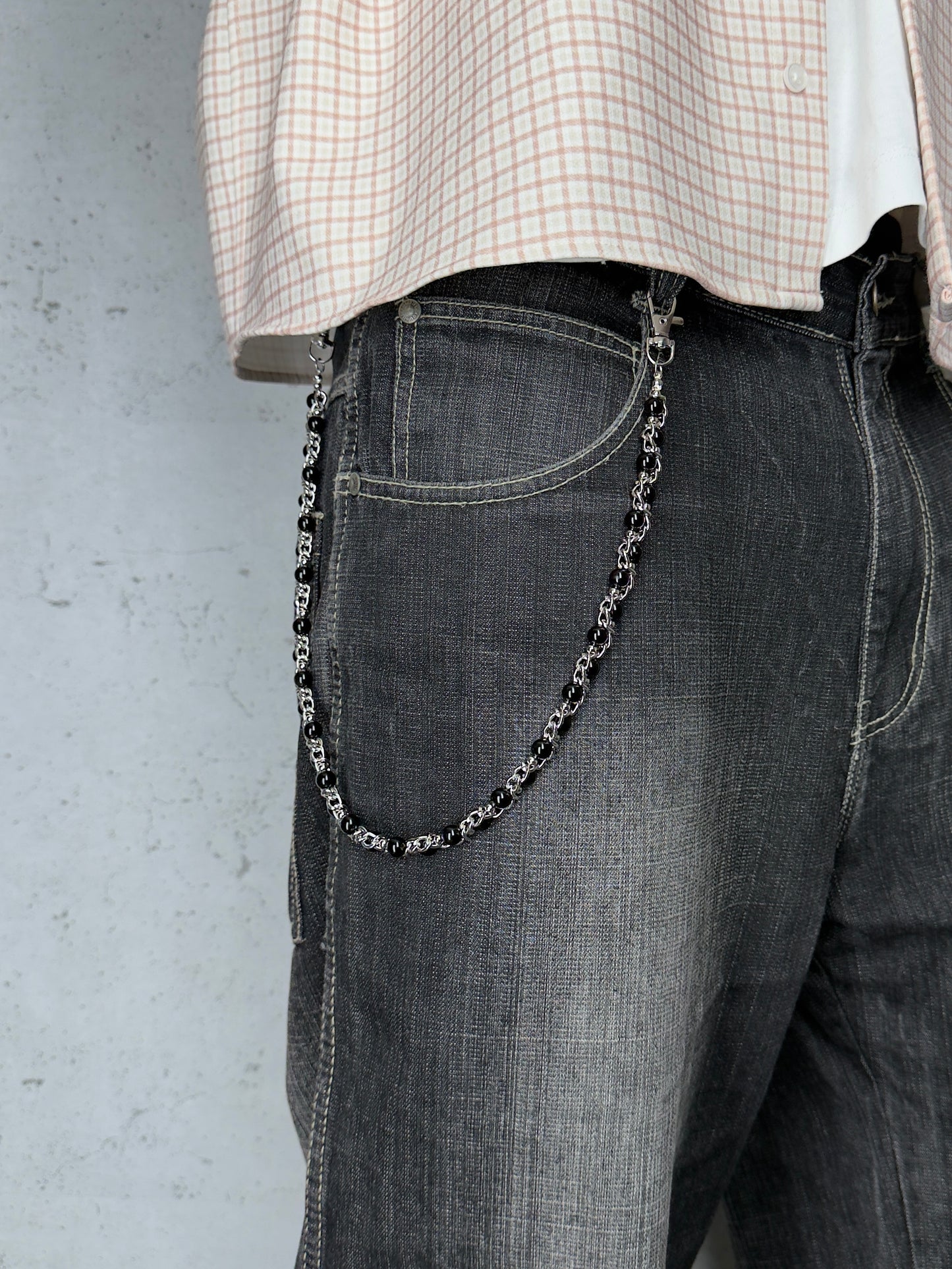 "Black Pearl" Y2K Silber Hosenkette Pants Chain Streetwear mit schwarzen Perlen