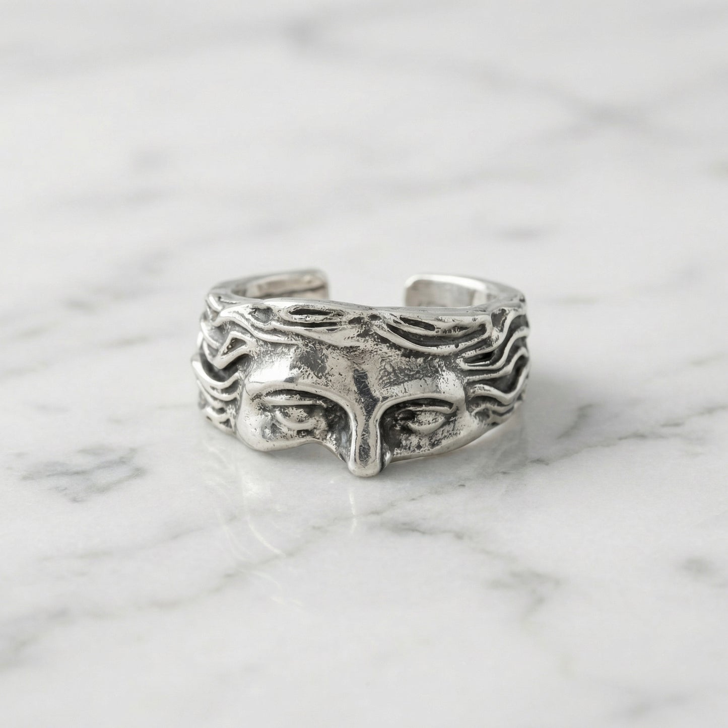 "Ares" Verstellbarer Silber Ring Y2K Art Griechisches Gesicht Silver