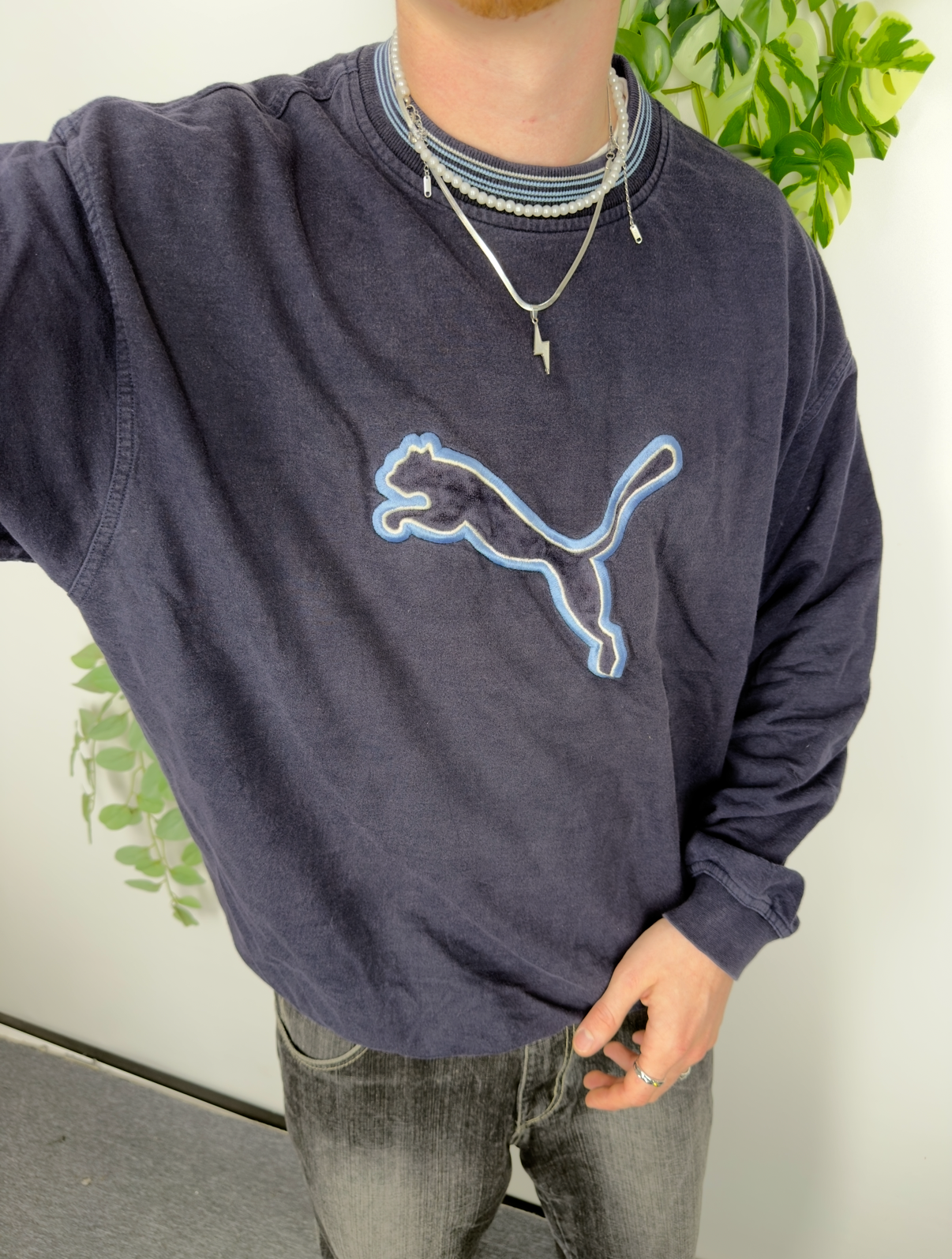 Puma vintage Big Logo 90s Sweatshirt Velour Samt Crewneck blau washed XL