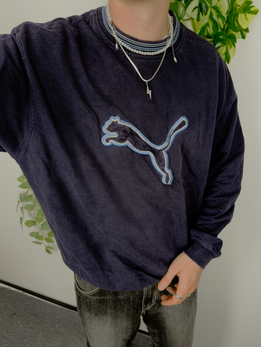 Puma vintage Big Logo 90s Sweatshirt Velour Samt Crewneck blau washed XL
