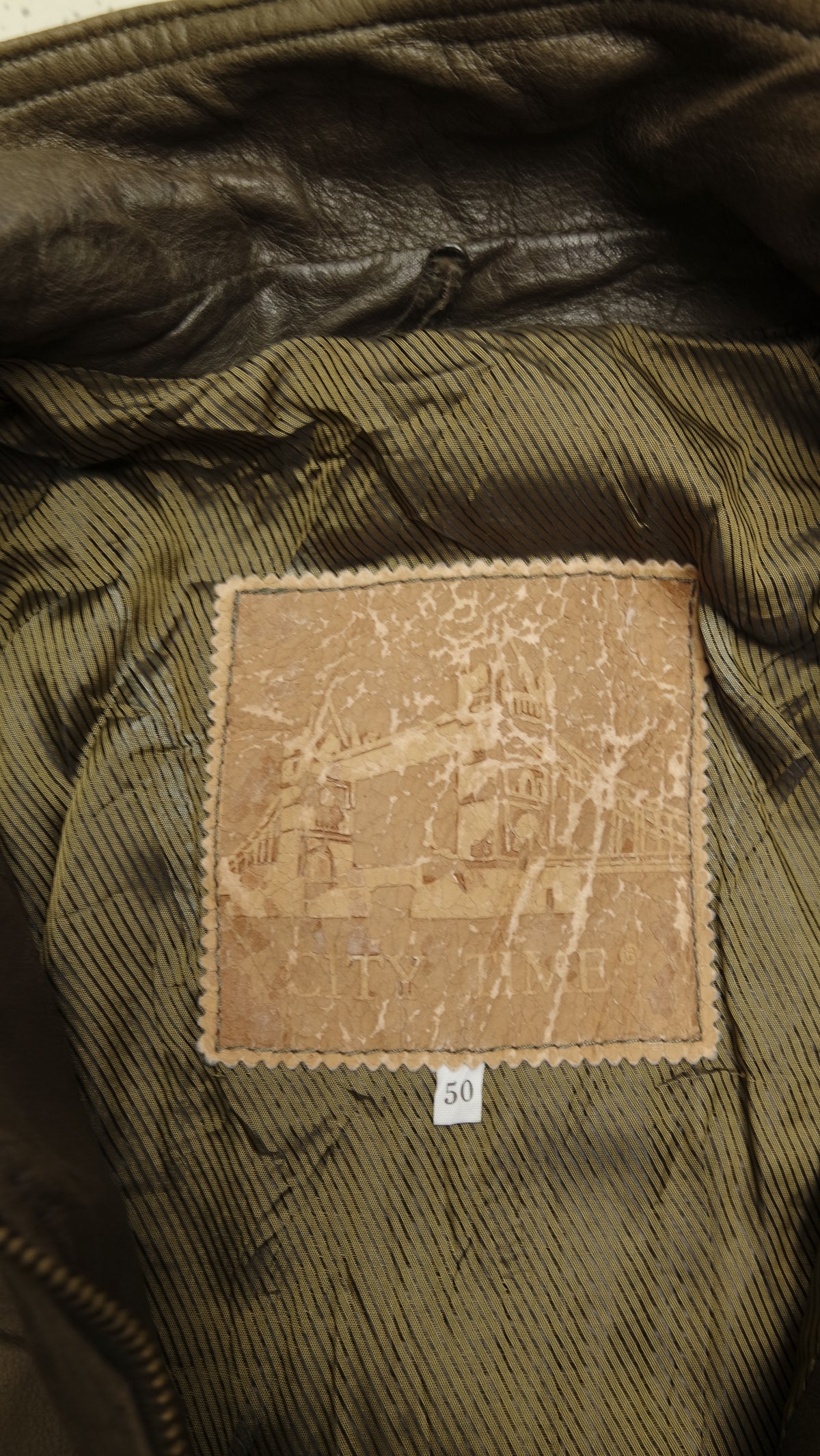 Vintage Lederjacke in Braun-Oliv, Größe 50, Etikett Größe