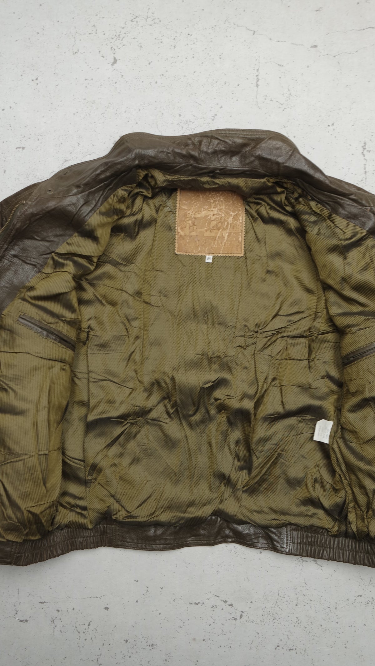 Vintage Lederjacke in Braun-Oliv, Größe 50, Innenfutter