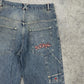 HS vintage "SURVIVAL" Baggy Fit Jorts Jeans Shorts Denim Pants Streetwear Y2K embroidery W28 S