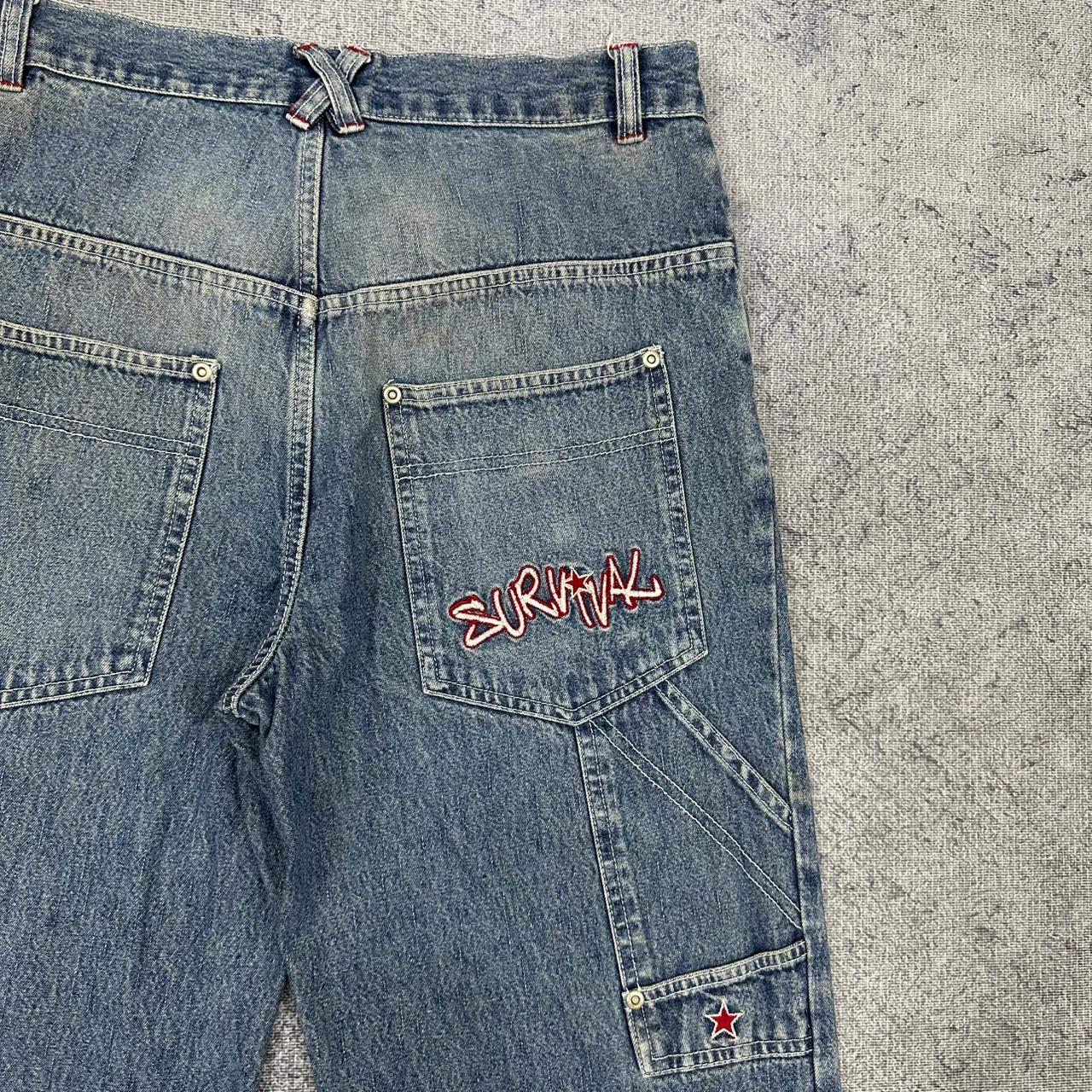 HS vintage "SURVIVAL" Baggy Fit Jorts Jeans Shorts Denim Pants Streetwear Y2K embroidery W28 S