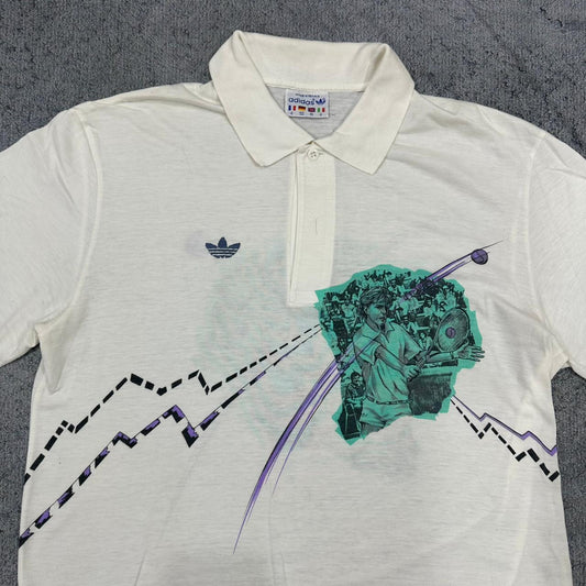 Stefan Edberg x Adidas vintage 80s Polo Shirt T-Shirt Tee Hemd weiß Bunt RARE M
