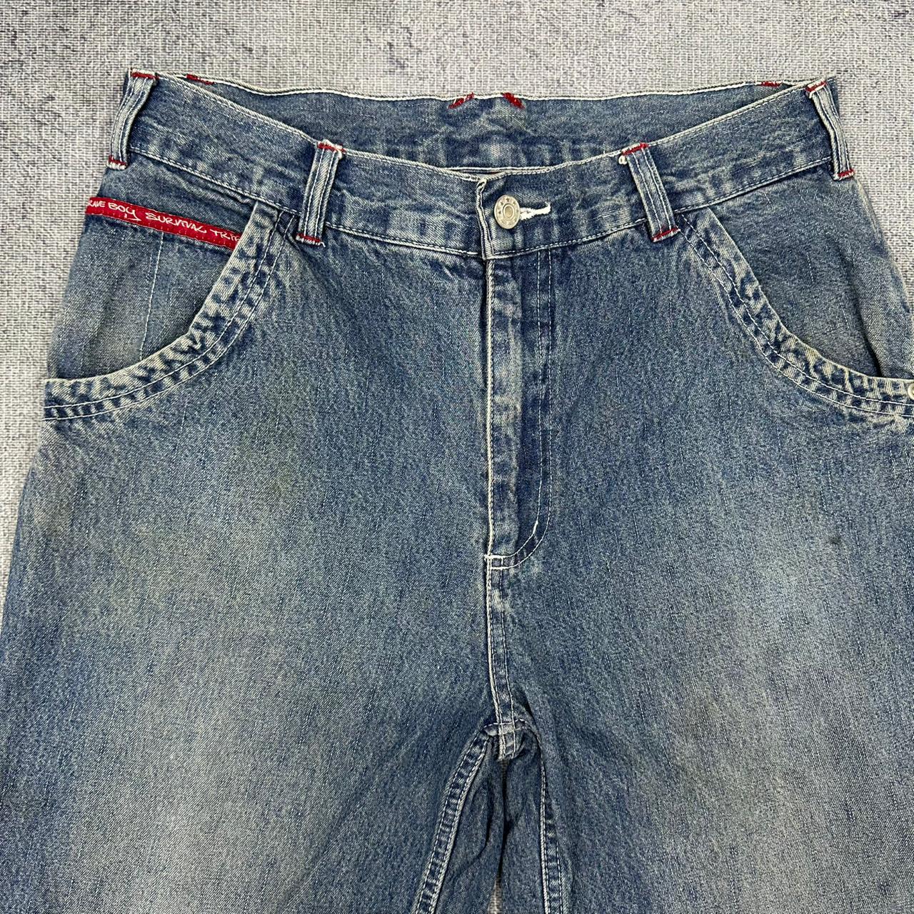 HS vintage "SURVIVAL" Baggy Fit Jorts Jeans Shorts Denim Pants Streetwear Y2K embroidery W28 S