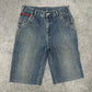 HS vintage "SURVIVAL" Baggy Fit Jorts Jeans Shorts Denim Pants Streetwear Y2K embroidery W28 S