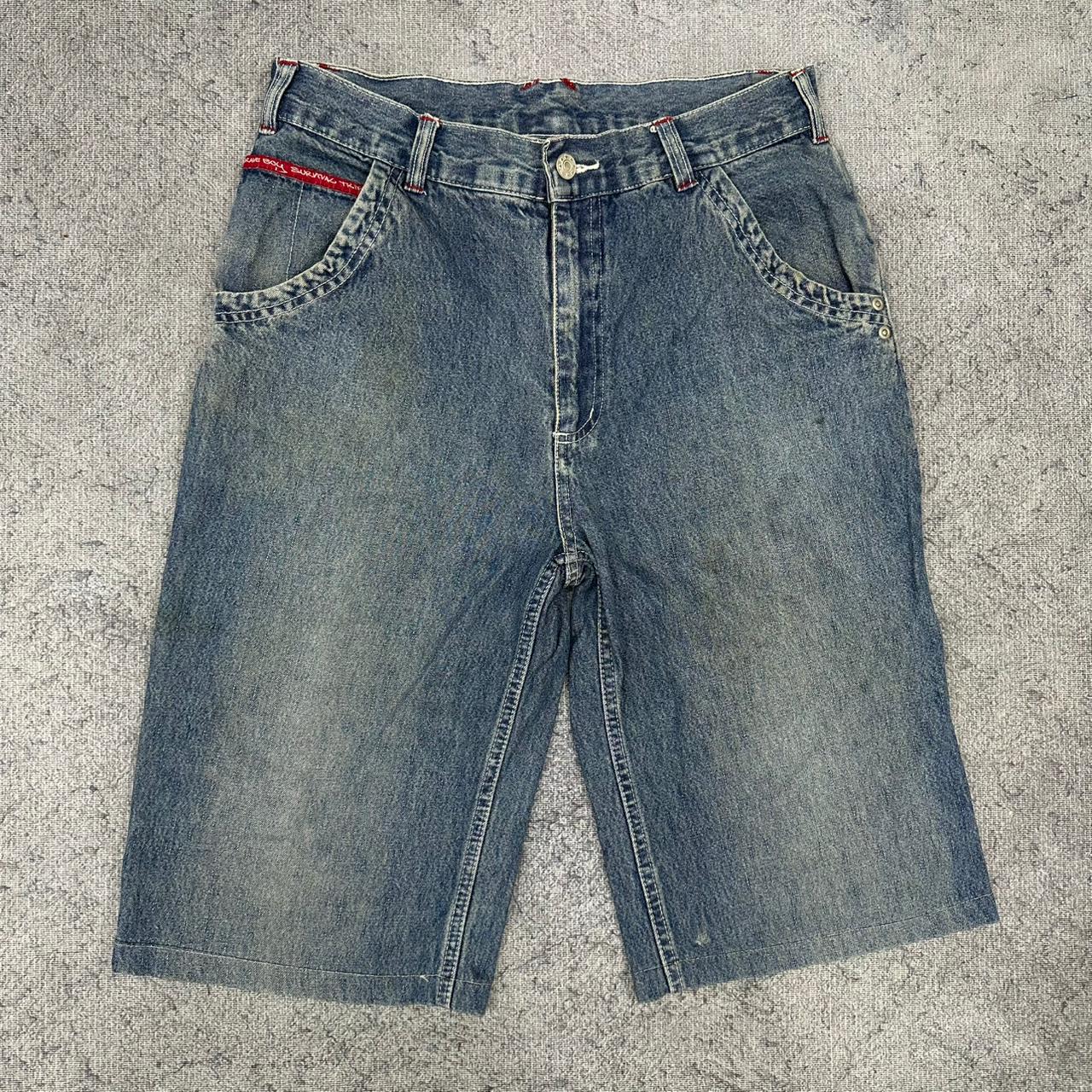 HS vintage "SURVIVAL" Baggy Fit Jorts Jeans Shorts Denim Pants Streetwear Y2K embroidery W28 S