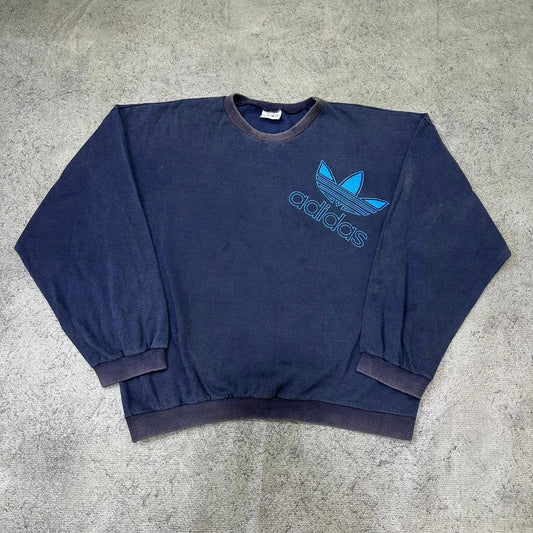 Adidas vintage 90s Sweatshirt Sweater big Logo embroidery Crewneck washed blau L