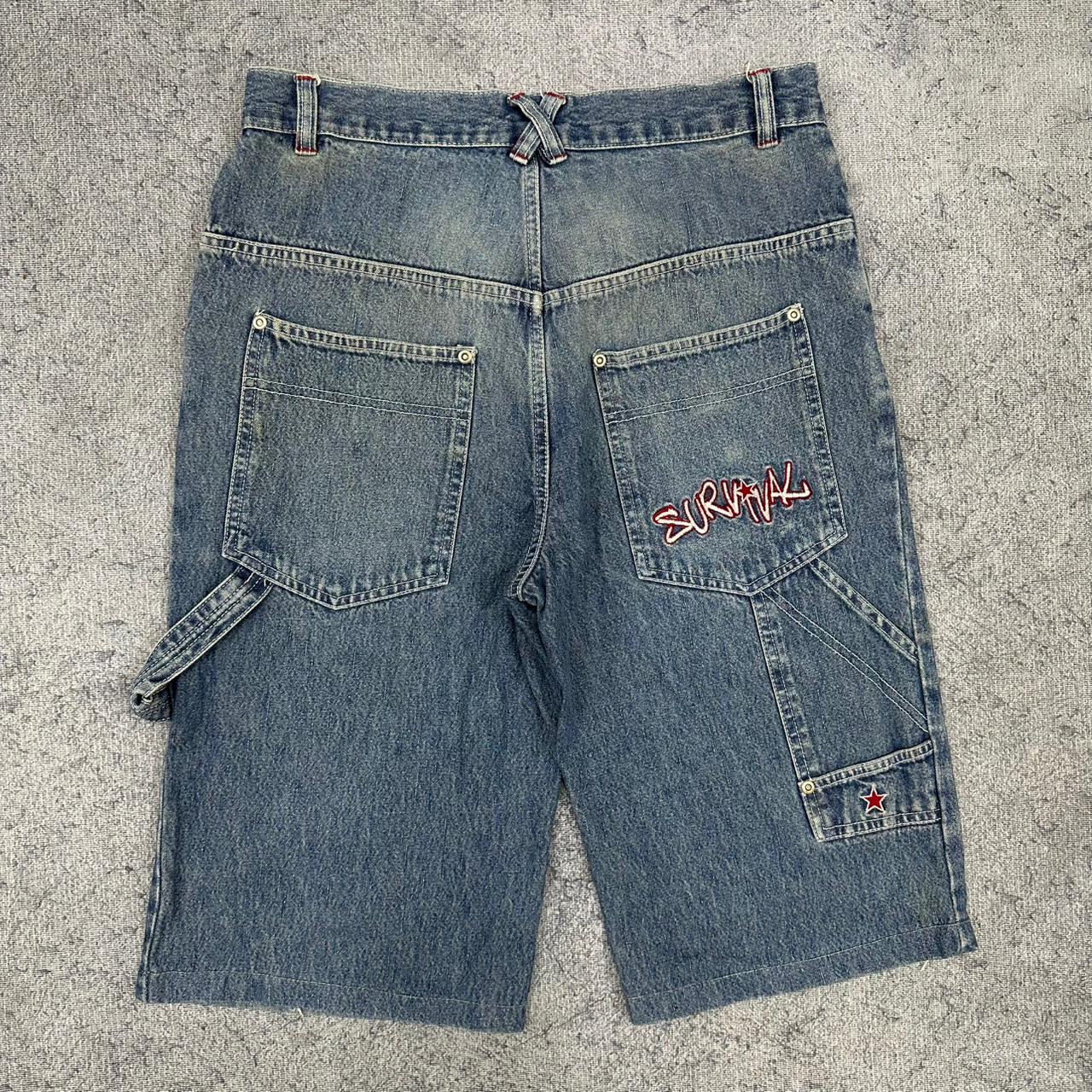 HS vintage "SURVIVAL" Baggy Fit Jorts Jeans Shorts Denim Pants Streetwear Y2K embroidery W28 S