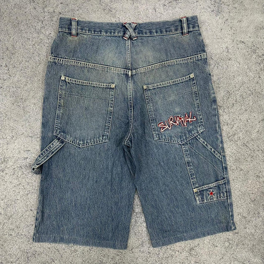 HS vintage "SURVIVAL" Baggy Fit Jorts Jeans Shorts Denim Pants Streetwear Y2K embroidery W28 S