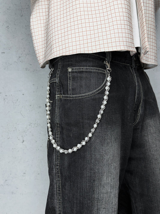"Silver Pearl" Streetwear silber Hosenkette mit weißen Perlen Y2K Pants Chain