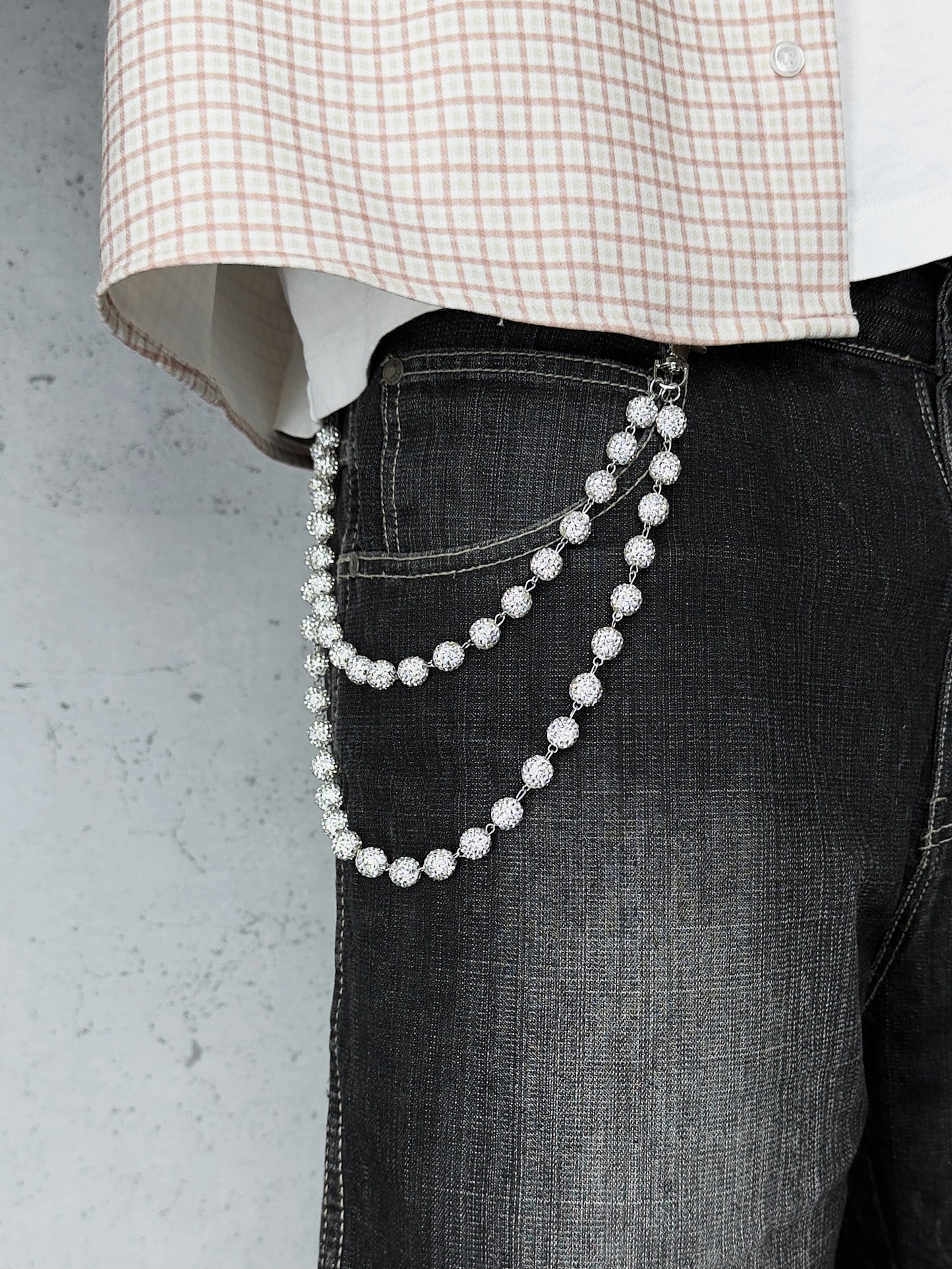 "Crystal Sphere" Streetwear Silber Strass Hosenkette Hip Hop Iced Out Pants Chain
