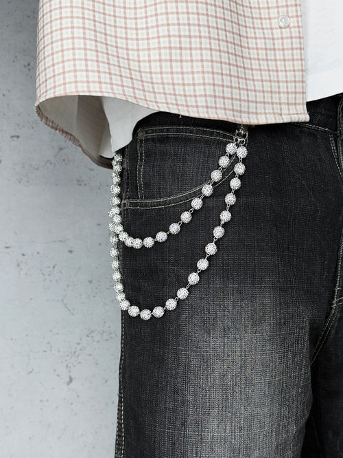 Y2K Hosenkette in Silber mit Strass-Kugeln im Iced-Out-Look