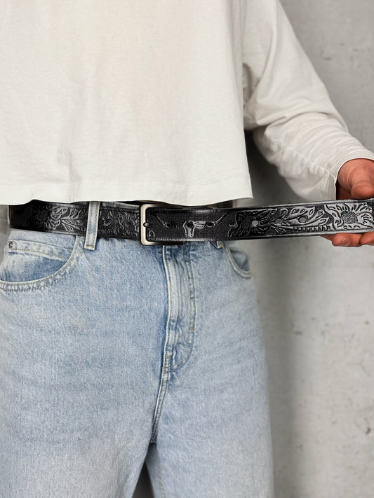 "Wild Western" Y2K Gürtel Ledergürtel Belt schwarz mit Texas Western Gravierungen