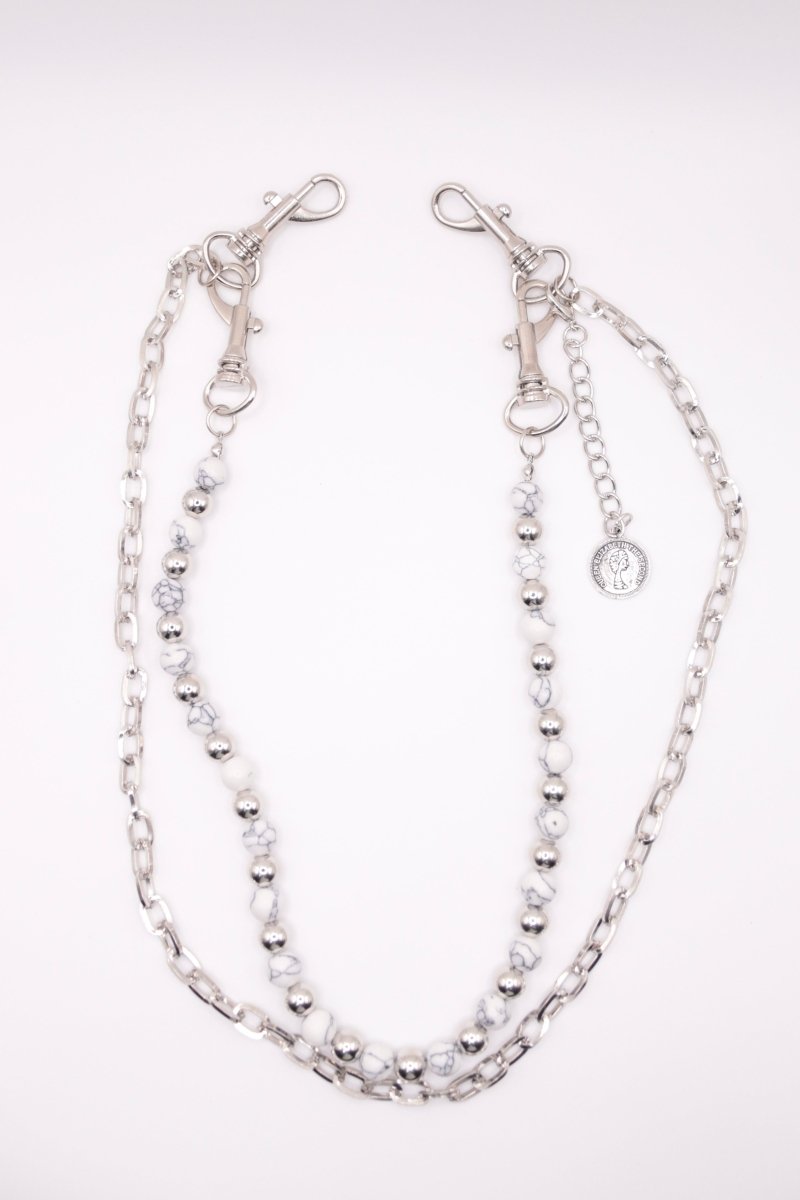 "Elizabeth White" Silberne Hosenkette mit weißen marmor Perlen - stylisches Accessoire Y2K - MonkeysVintage