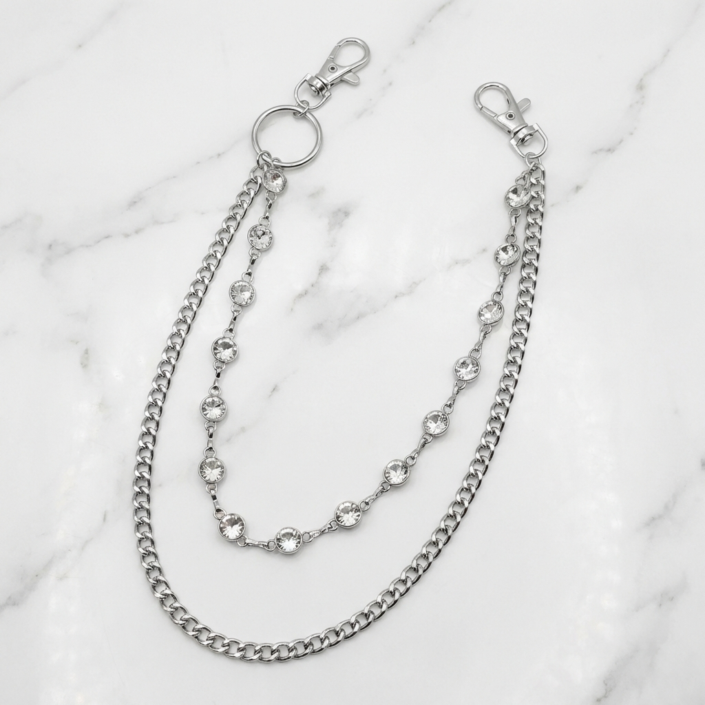 "White Orbit" Streetwear Hosenkette Silber mit weißen Steinen Pants Chain
