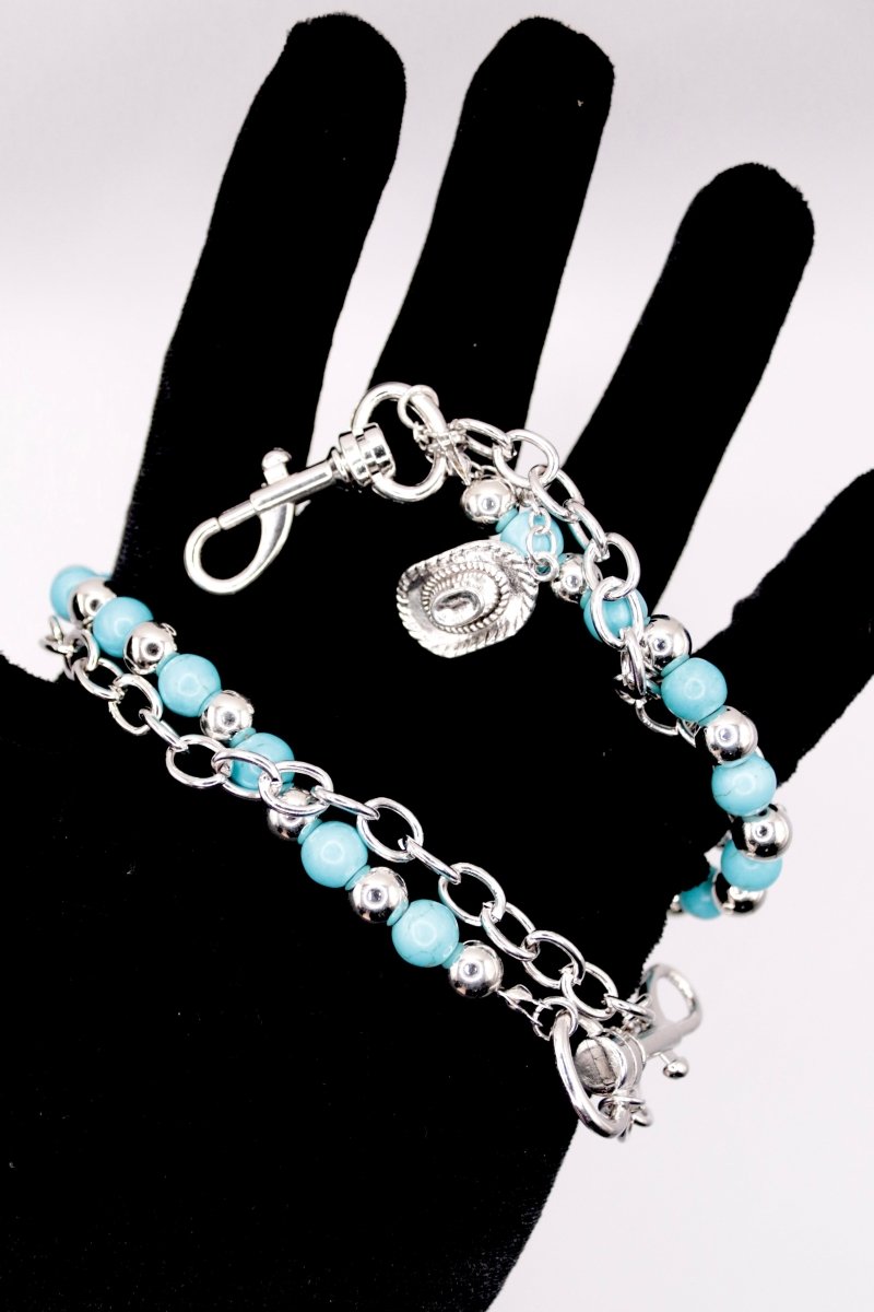 "Western Spirit" - Silberne Hosenkette mit türkisfarbenen Perlen & Cowboy - Hut Charm - MonkeysVintage