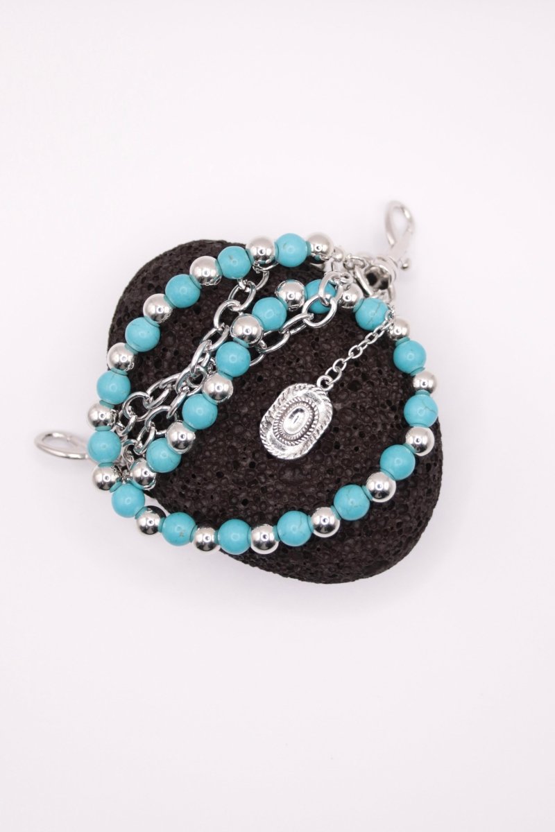 "Western Spirit" - Silberne Hosenkette mit türkisfarbenen Perlen & Cowboy - Hut Charm - MonkeysVintage